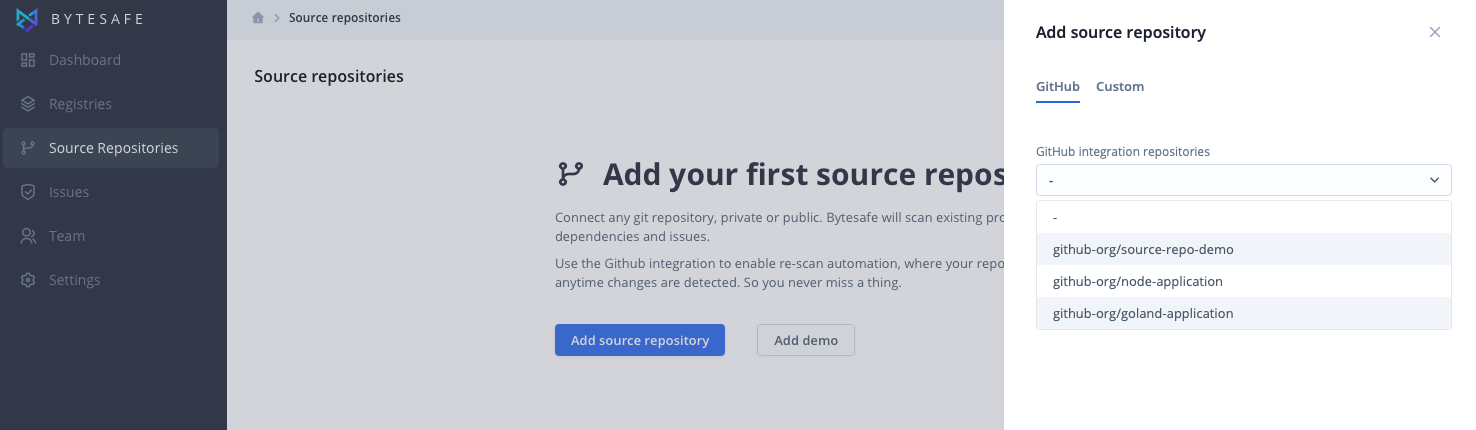 add source repository using GitHub integration in Bytesafe