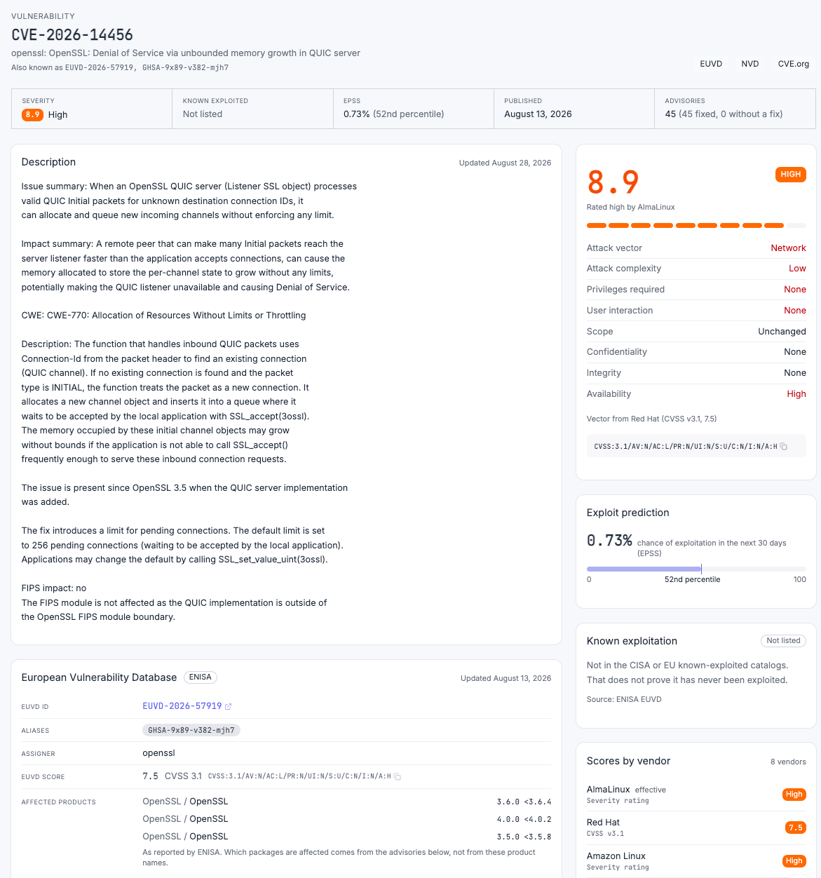 Vulnerability page in the dashboard, with severity, known-exploited status, EPSS, and the advisories table
