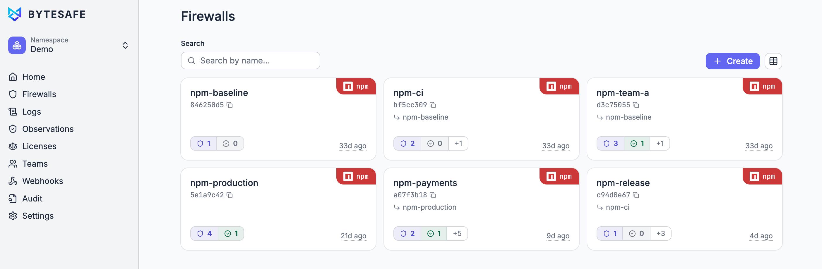 Firewalls overview in the dashboard, with firewalls showing the parent they inherit from and how many rules and exceptions they inherit