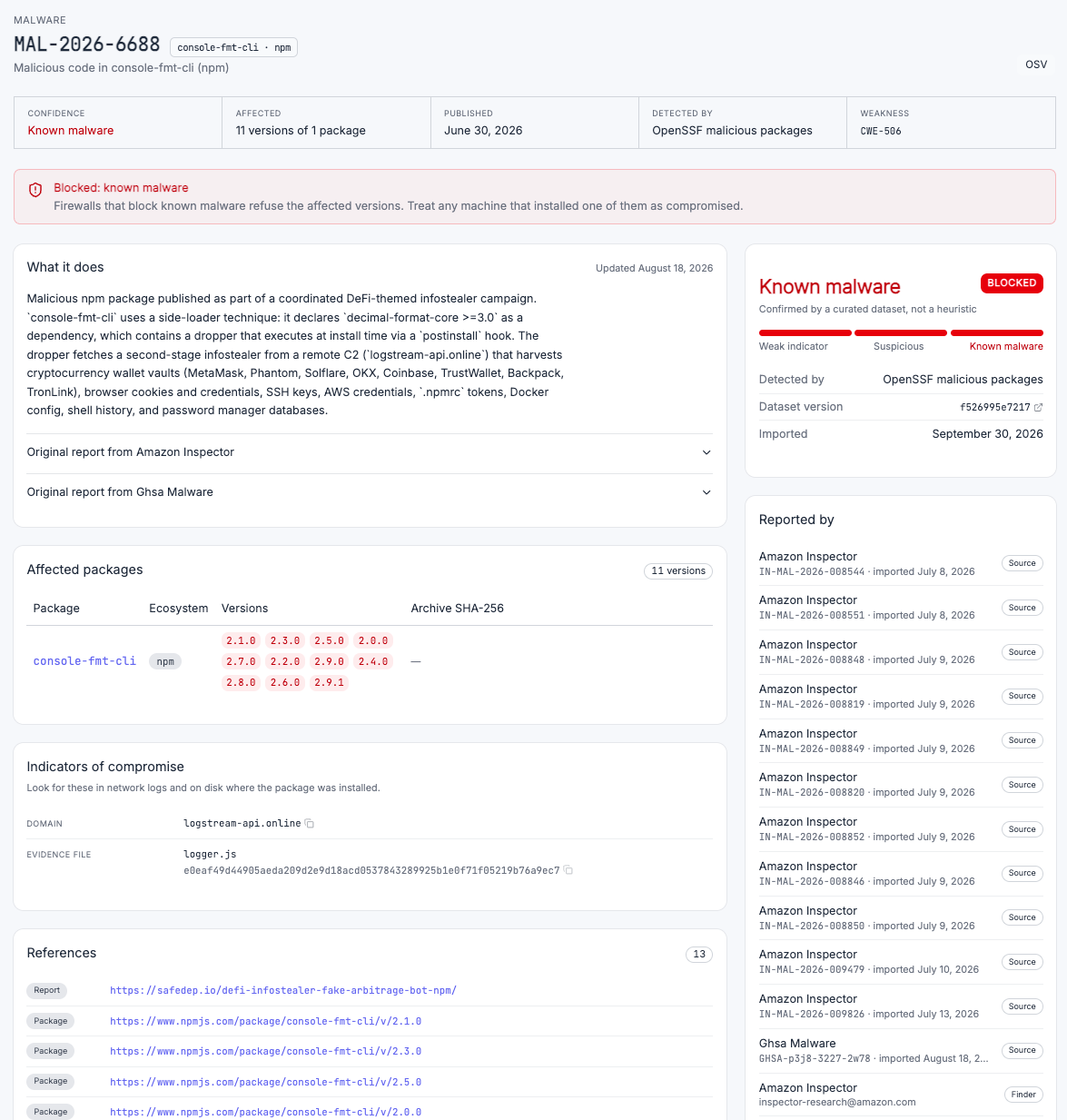 Malware report page in the dashboard, with what the package does, affected versions, and indicators of compromise