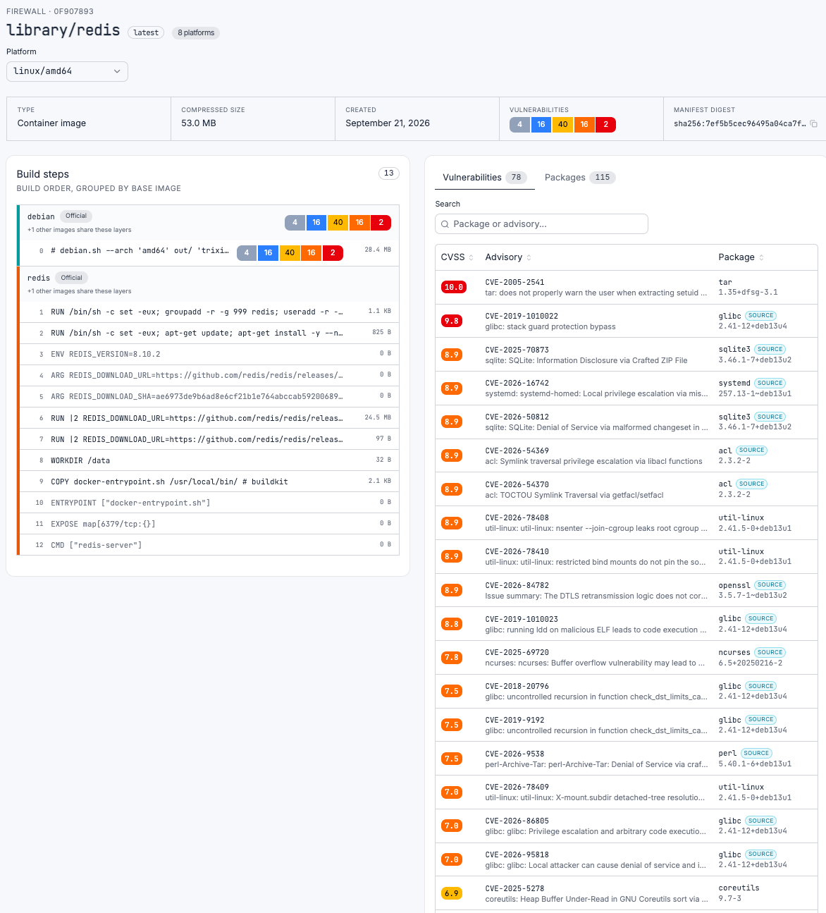 Image page in the dashboard, with build steps grouped by base image and the vulnerabilities tab