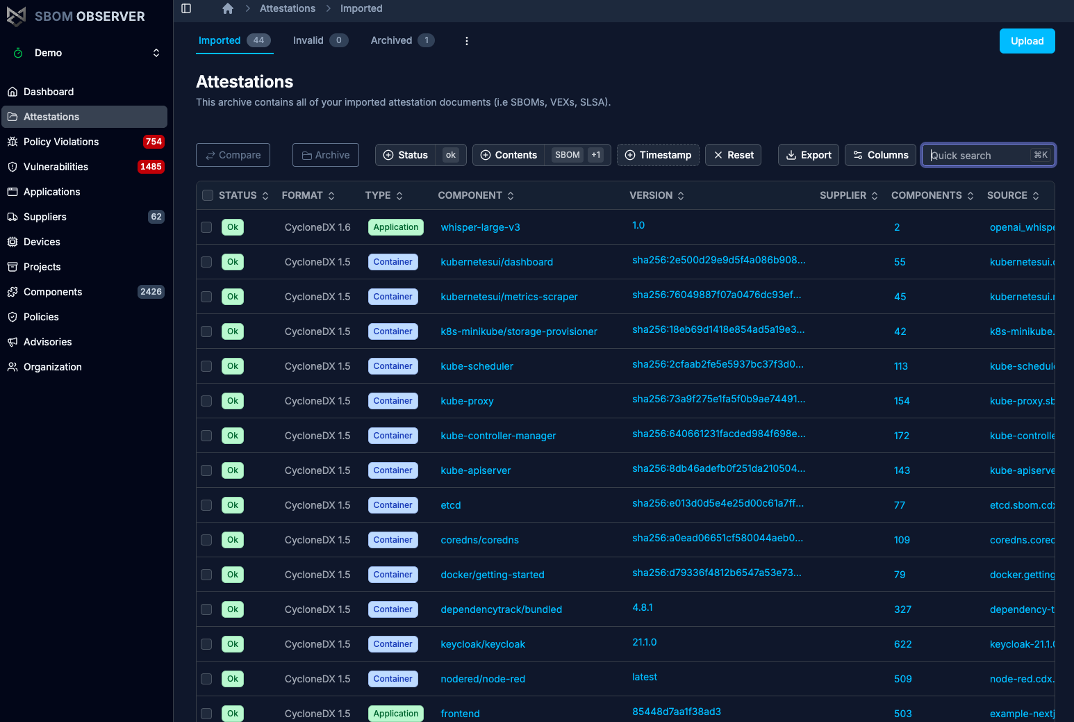 Attestations page in SBOM Observer, listing imported CycloneDX SBOMs with status, type, component, version, and component count