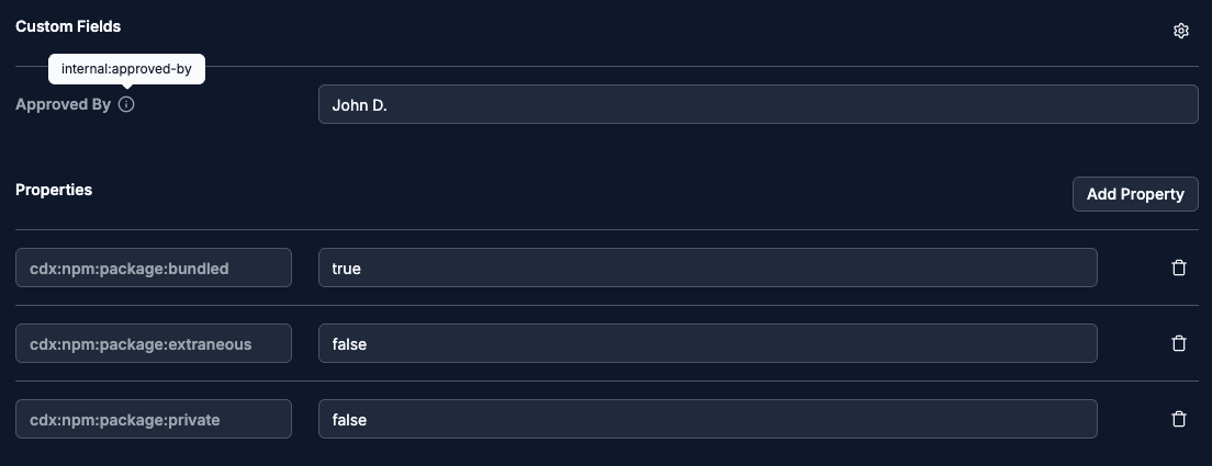 Custom Fields section with an Approved By field, its property key internal:approved-by in a tooltip, above the Properties list