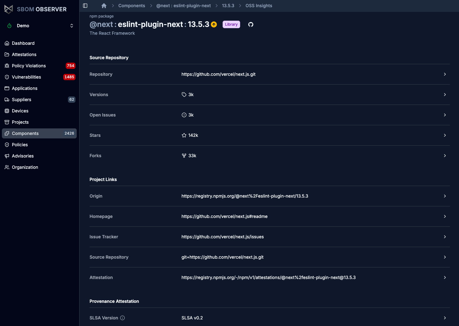 OSS Insights tab for an npm package, with Source Repository (repository URL, versions, open issues, stars, forks) and Project Links (origin, homepage, issue tracker, source repository, attestation)