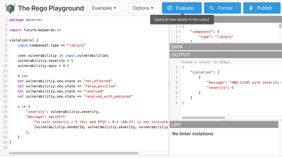 Rego Playground with an Observer policy in the editor and a violation in the output pane