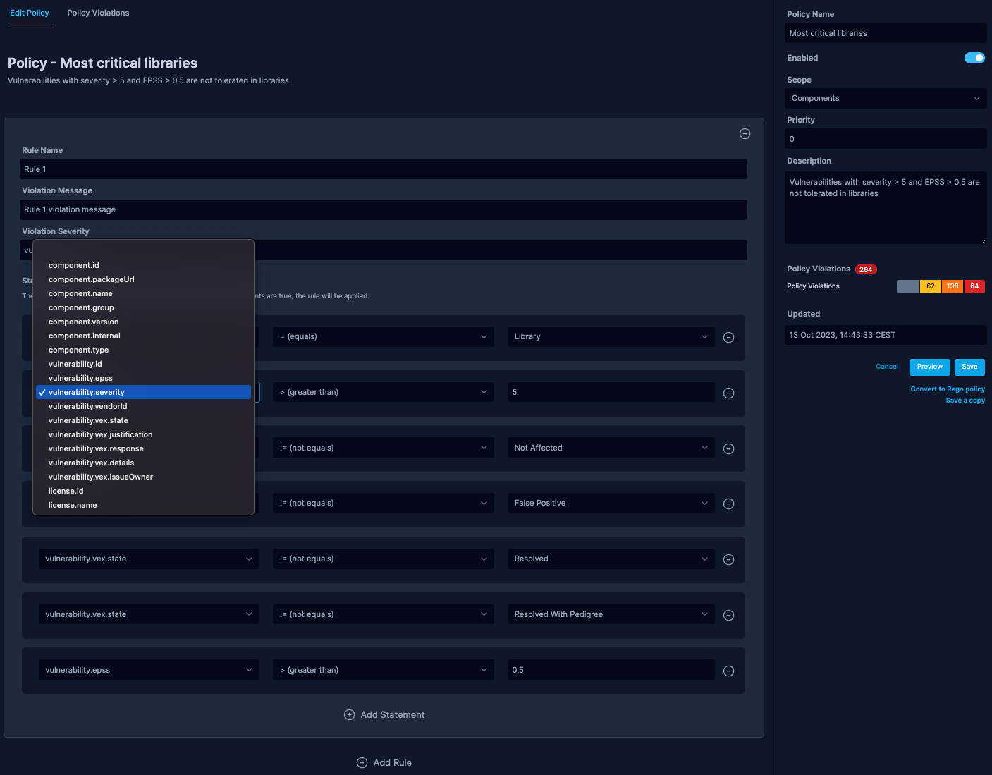 Visual policy builder with a rule whose statements compare vulnerability properties, the property picker open, and the policy settings panel
