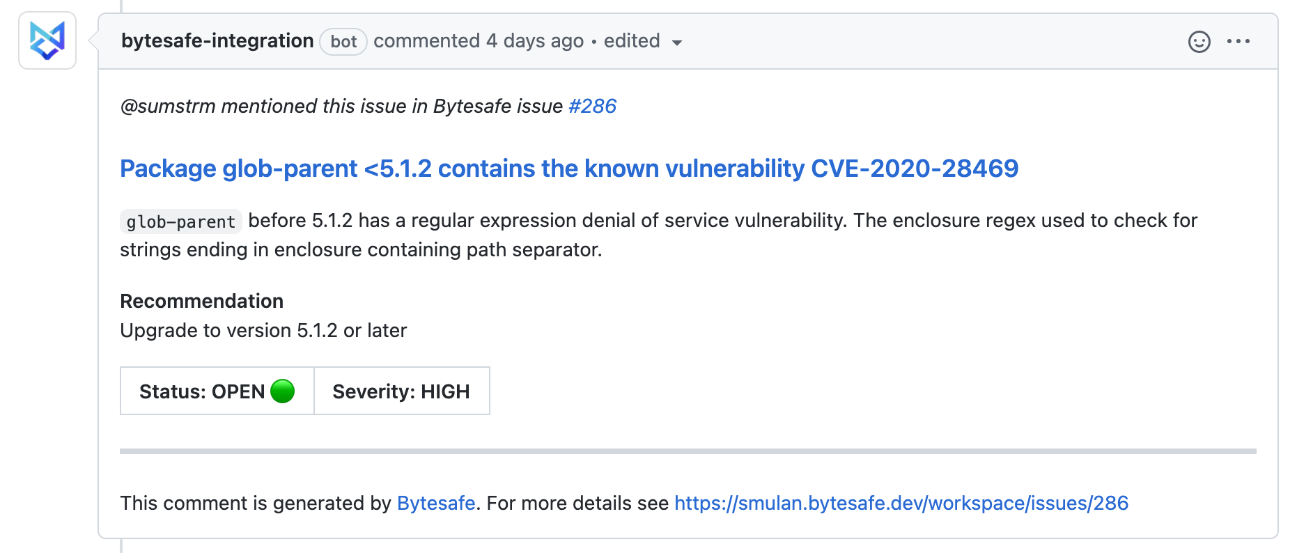 Bytesafe integration bot when linked with a GitHub Issue